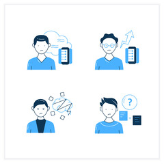 Information overload flat icons set. Consists of cognitive dissonance, comparative research method, data smog, new info rate. Vector illustrations