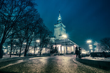 Night shot of Warsaw Palace of Culture and Science, Poland