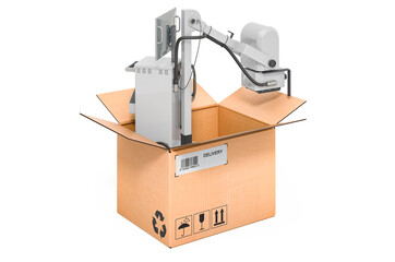 Mobile x-ray machine inside cardboard box, delivery concept. 3D rendering