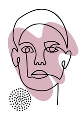 Line woman portrait, creative freehand composition in contemporary abstract style with face, dots and colorful geometric shapes. Linear illustration design for print, card, poster.