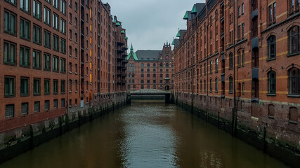 traditional historic buildings at the canal in Hamburg Harbour