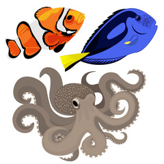 Undersea world. Octopus, surgeon fish, clown fish, isolated on white background. Clipart, vector.