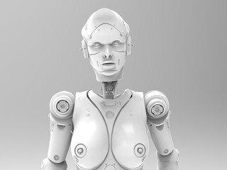 portrait of a robot woman on a light background. abstraction on the topic of technology and games. 3d illustration