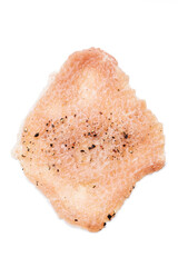 raw chopped pork meat with spice isolated on white background. above view. fresh meat slice cut out