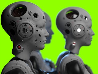 portrait of three robots close-up. isolated 3d illustration for use with dark background