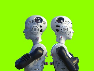 portrait of robots standing back to back. isolated 3d illustration for use with light background