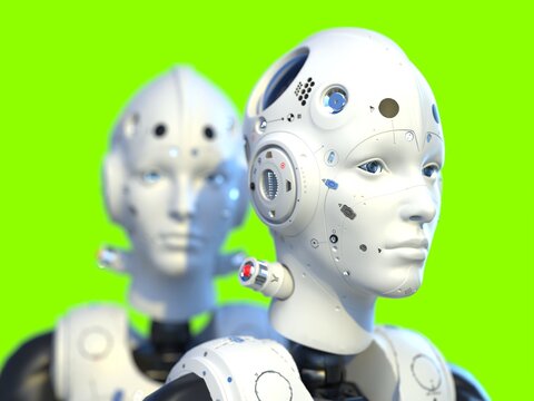 portrait of robots standing nearby. isolated 3d illustration for use with light background