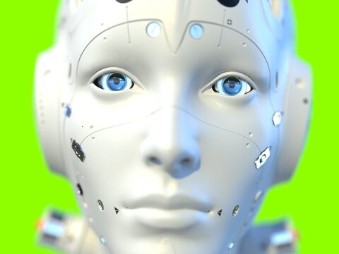 close-up portrait of a robot. isolated 3d illustration for use with light background