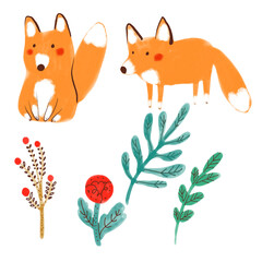 Set with foxes and plants, red berries and red flowers. The red fox sits and the red fox stands. Watercolor. Hand graphics
