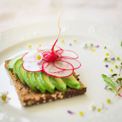 Bread slice with avocado, radish and olive oil 