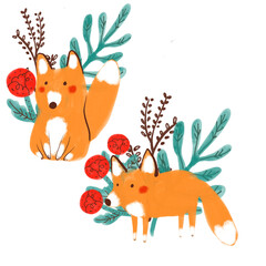 Set with foxes and plants, red berries and red flowers. The red fox sits and the red fox stands. Watercolor. Hand graphics