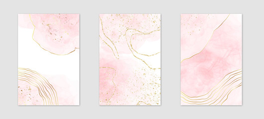 Abstract dusty pink liquid watercolor background with golden lines, dots and stains. Pastel marble alcohol ink drawing effect. Vector illustration design template for wedding invitation