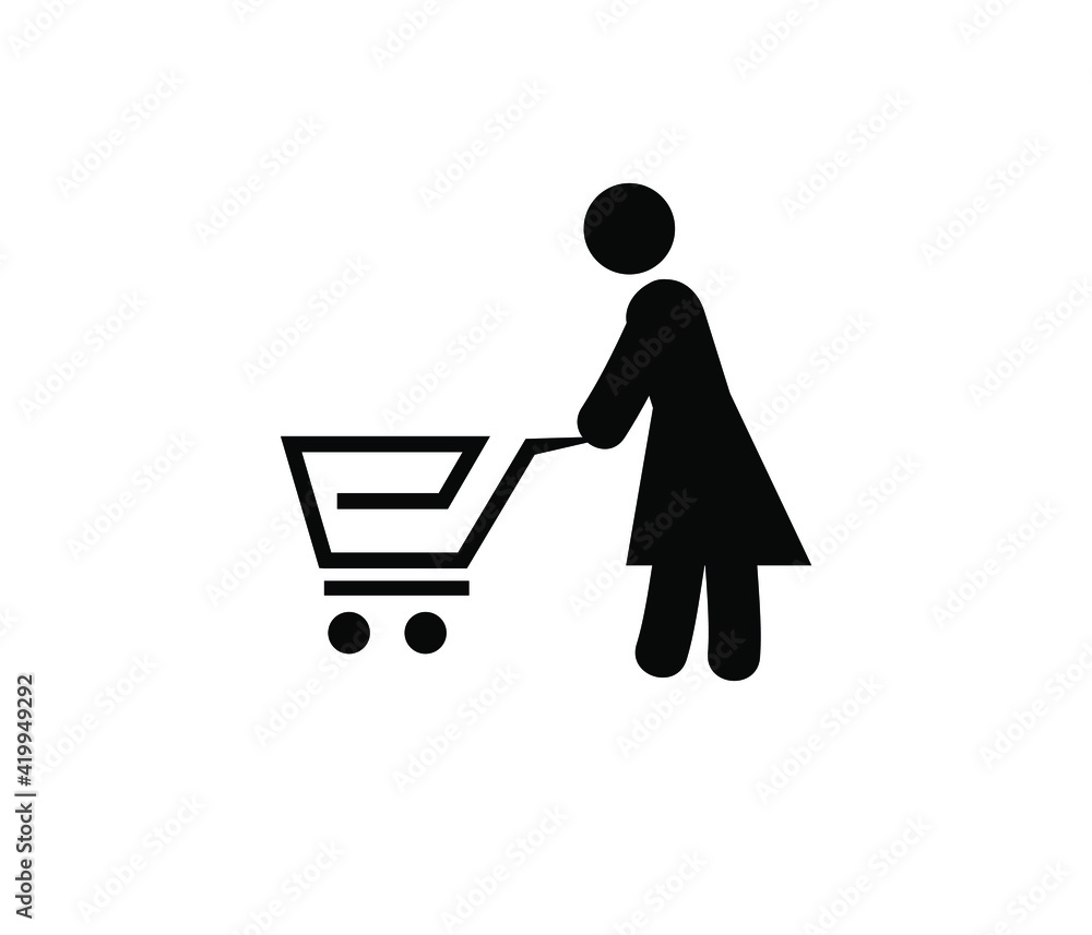 Poster woman with shopping cart vector icon. editable stroke. linear style sign for use on web design and m