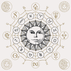 Vector circle of Zodiac signs with icons, esoteric symbols and hand-drawn Sun on an old paper background. Decorative banner in retro style with horoscope symbols for astrological predictions