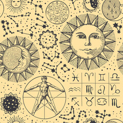 Seamless pattern with zodiac signs, horoscope symbols, face of the sun, moon face, stars, constellations and human figure like Vitruvian man. Vector hand-drawn background in retro style