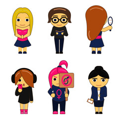 Set of different types of girls. Cartoon girls with different characters and different clothes. 