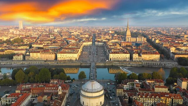 Turin skyline aerial view at sunset colored sky old town view, torino cityscape italy city from above.