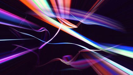 Colorful fiber strings in motion against black background