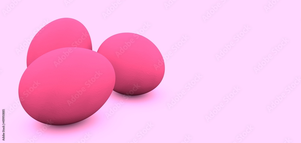 Poster glossy easter eggs on a pink background. 3d rendering image.