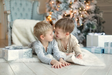 Two little brothers are playing and laughing near the Christmas tree . Family New Year unpacking gifts