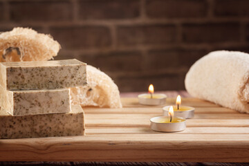 spa, candles, natural organic soaps, plants, natural loofah, towels, fragrance in incense, in a warm place for skin treatments
