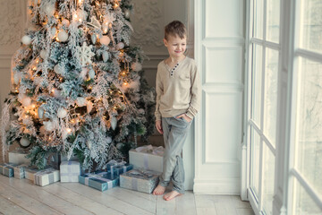 A blond boy near the Christmas tree in a blue jacket . Family New Year