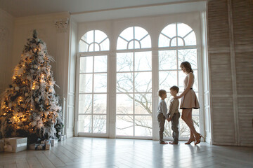 person in front of window. Mom with two little boys standing at the window in a big house next to the Christmas tree