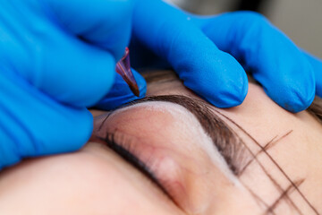 Beautician tattooing a woman's eyebrows using special equipment during permanent make-up, close-up.
