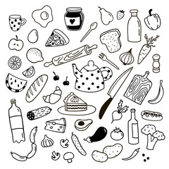 Set of cute hand drawn objects. Food, vegetables, fruits, groceries and utensils. Vector illustration.