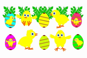 Painted eggs in different colors, yellow chickens on the grass. Bright illustration for the Easter holiday