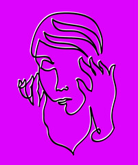 One line drawing of woman touching her head and suffering from headache.
One continuous line drawing of woman touching her head and feeling sad.