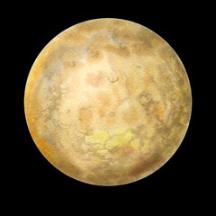 Orange planet on a black background. Watercolor drawn planet isolated on black background. Mars-like texture.