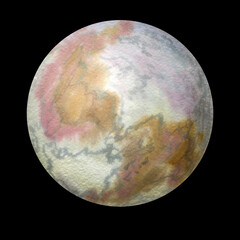 multicolored planet on a black background. Watercolor drawn planet isolated on black background. Paper texture, background in a circle.