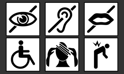 6 pictogrammes représentant différents handicaps - aveugle, sourd, muet, invalide, handicapé mental, douleurs du dos.