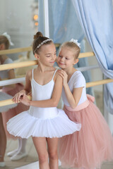 Fototapeta na wymiar Two beautiful ballerinas in pink tutus embrace at a ballet stick