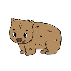 Fluffy Vector Isolated cute outline brown wombat. Happy smiling cartoon animal kid on white background, side view.