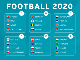 European football 2020 tournament final stage groups vector stock illustration. 2020 European soccer tournament with background. Vector country flags