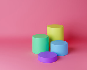 Colorful cylinder podium or pedestal for products or advertising. 3D rendering in minimal style.