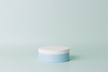 Pastel blue cylinder podium or pedestal for products or advertising. 3D rendering in minimal style.
