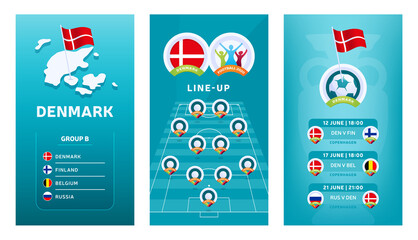 European 2020 football vertical banner set for social media. Denmark group B banner with isometric map, pin flag, match schedule and line-up on soccer field