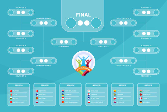 Match schedule, template for web, print, football results table, flags of European countries participating to the final tournament of european football championship 2020. vector illustration