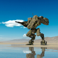 combat mech in brace fire pose on desert after rain
