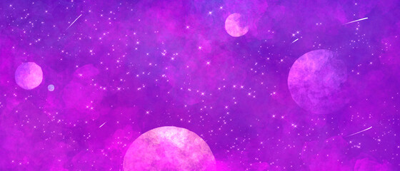 Fototapeta na wymiar magical hand drawn abstract cosmic purple background with planets and stars, nebulae and comets