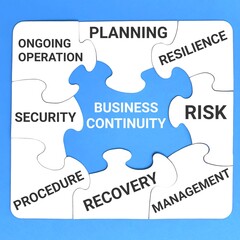 Business concept. White jigsaw puzzles written BUSINESS CONTINUITY with related words isolated on blue background.