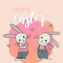 Easter card with cute bunnies, social media Instagram ready. Hand drawing collection