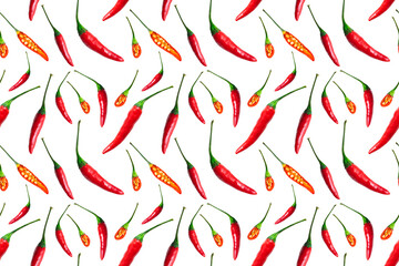 Red hot chili peppers seamless pattern isolated on white background. Top view. Flat lay. Banner
