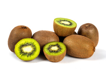 Fresh whole kiwi fruit and half kiwi fruit isolated on white background