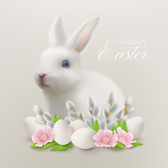 Happy Easter background with hare, flowers with willow and Easter eggs