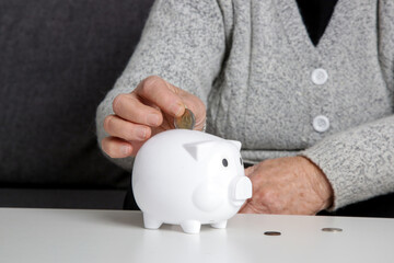 Elderly woman counting last coins from piggy bank, sitting depressed and worried at home. Concept...