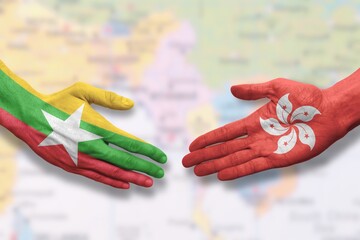 Myanmar and Hong Kong - Flag handshake symbolizing help, trade and cooperation with Burma